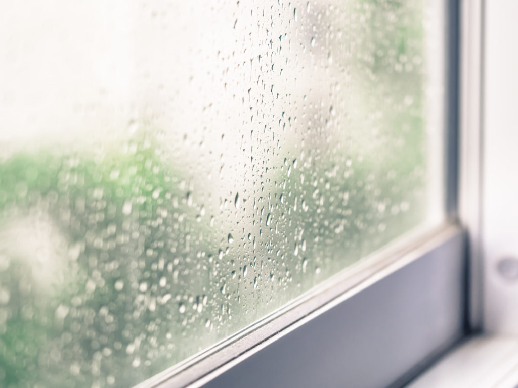 Humidity drops on window glass